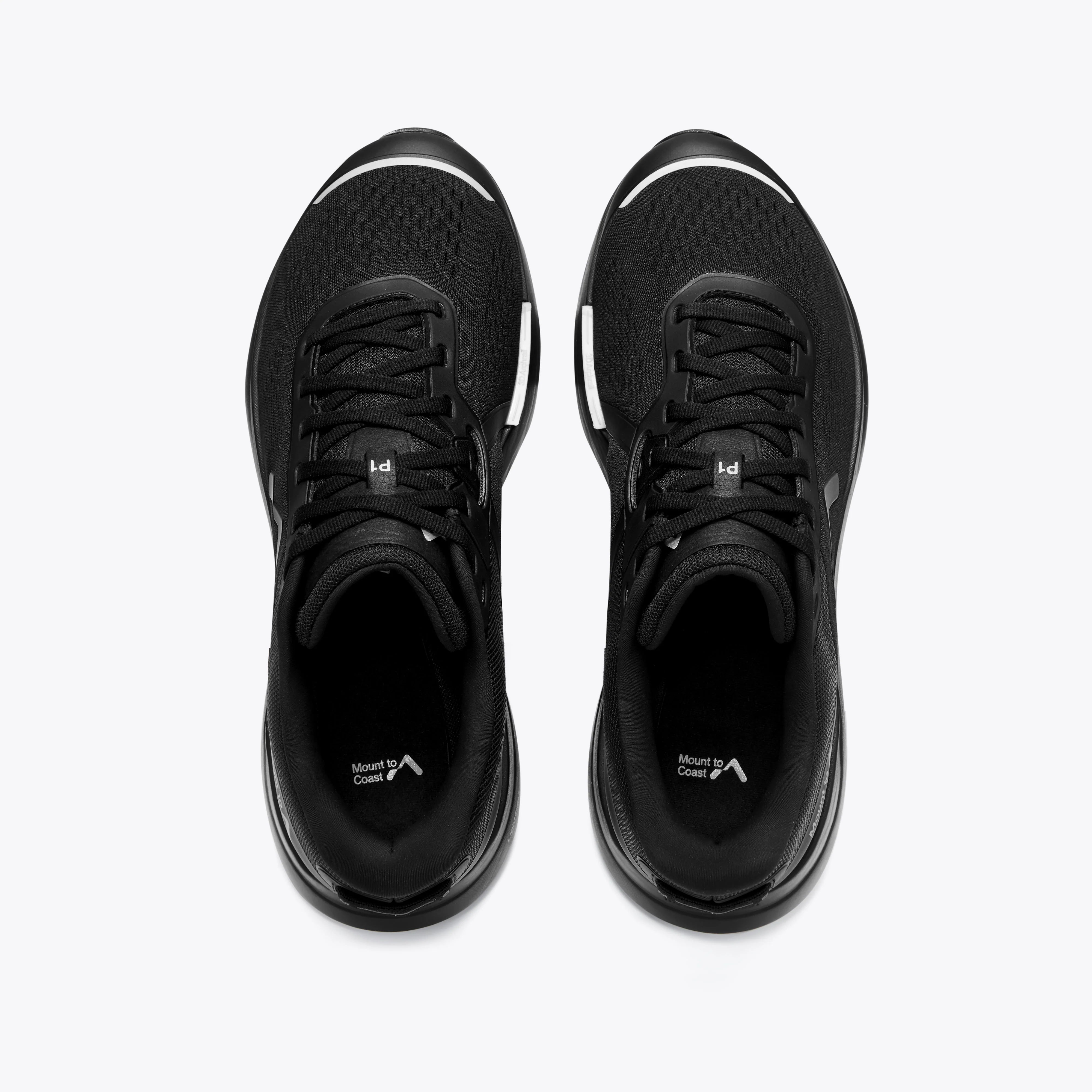 Mount to Coast P1 black running shoes - Top-down view #Color_black