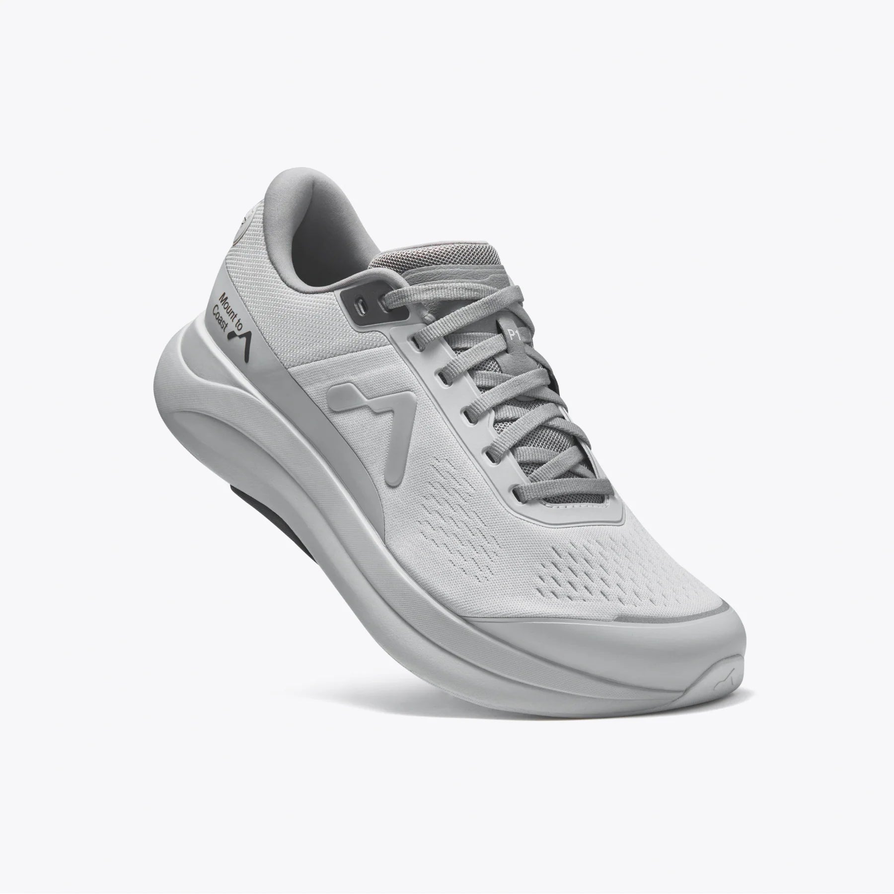 Mount to Coast P1 Cinder running shoe, grey color, side view #Color_cinder